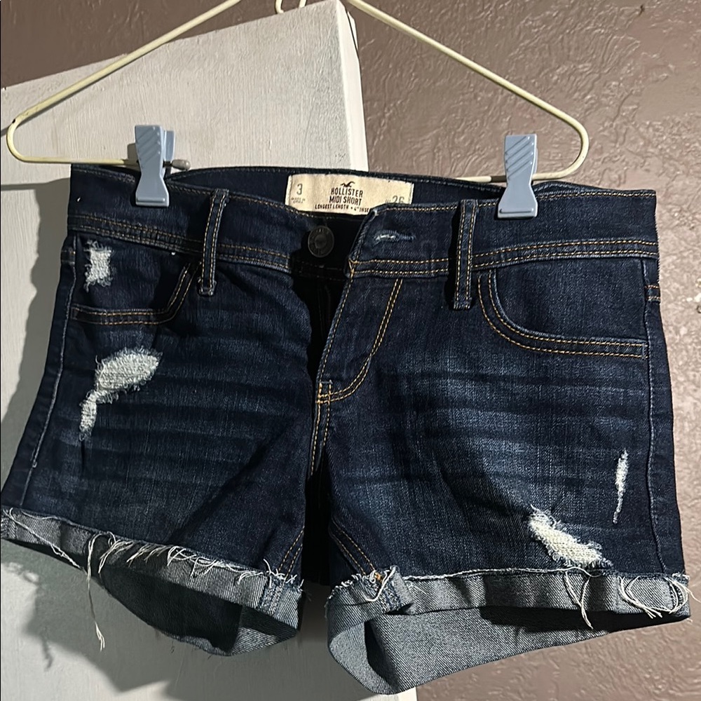 Hollister Women's Distressed Denim Shorts - Dark Blue